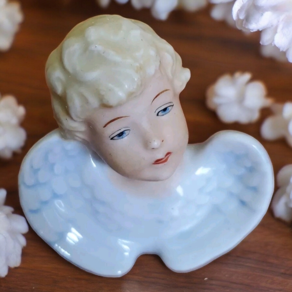 ORLIK  CHERUB Figurine PORCELAIN ANTIQUE  GERMANY ANGEL BUST BLUE WINGS
